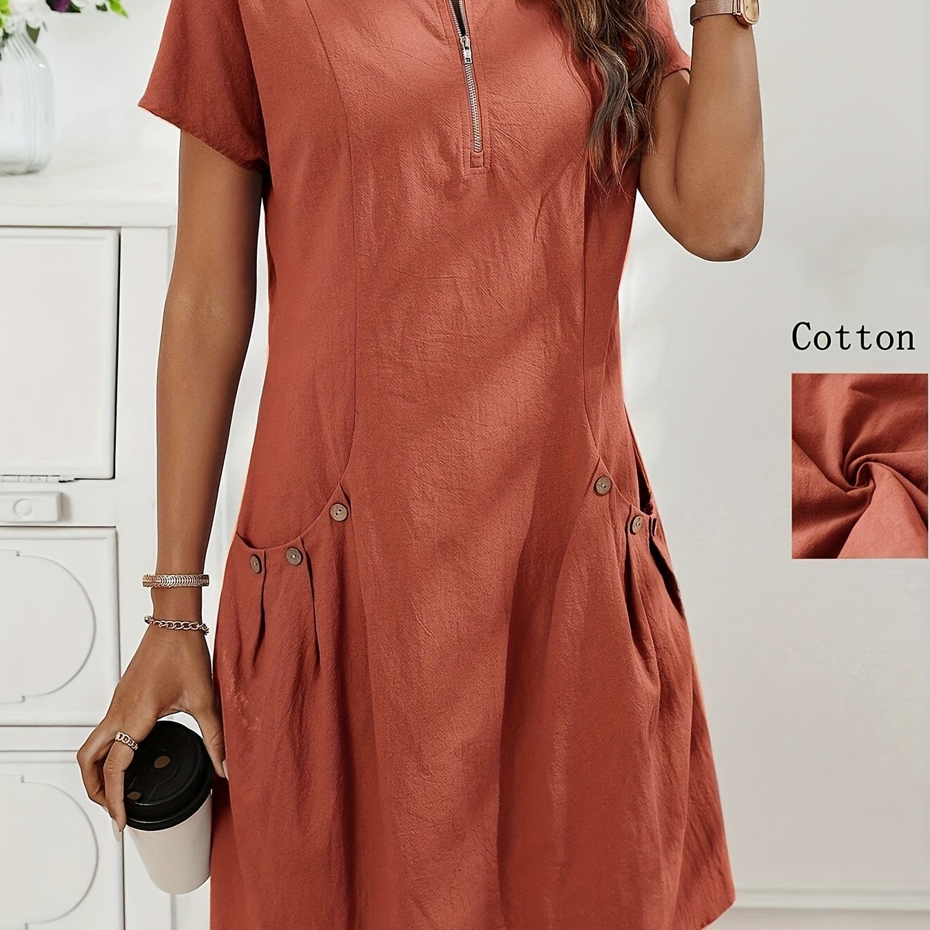 Women's Casual Midi Dress with Zipper and Pockets
