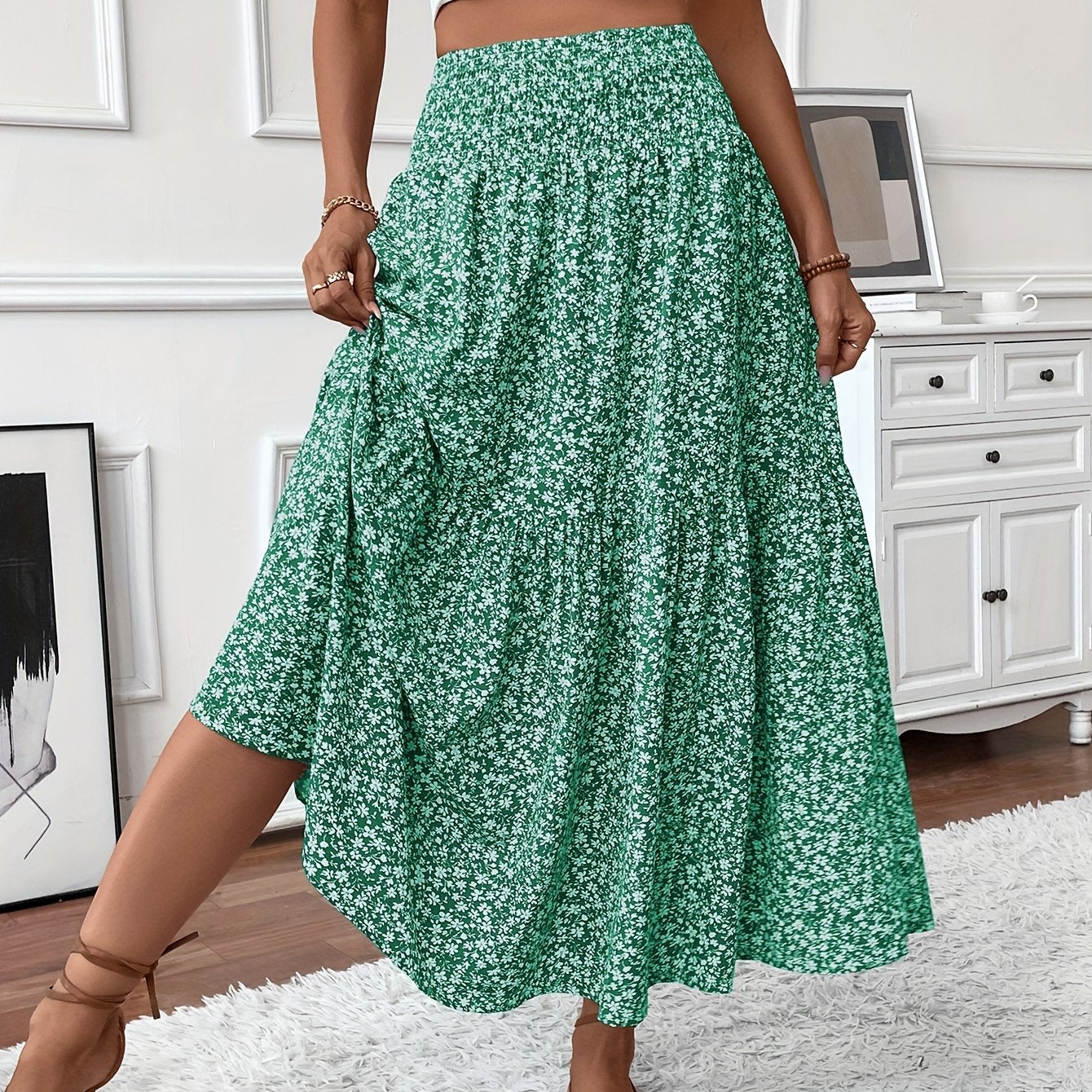 DP021742 Women's Casual Ditsy Floral Elastic Waist Pocket Skirt