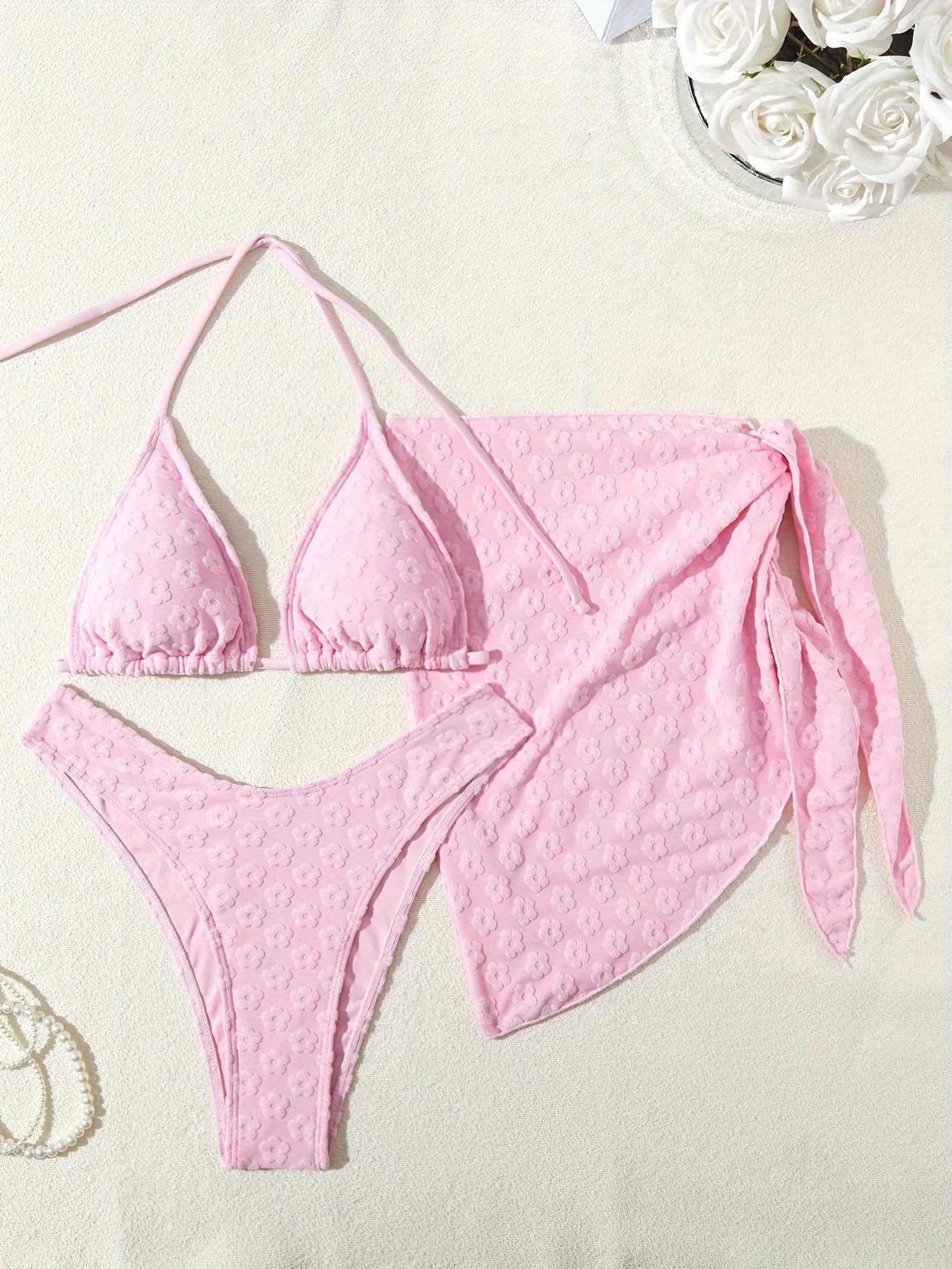 Women's Warm Color Floral Three-Piece Bikini Swimsuit