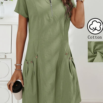 Women's Casual Midi Dress with Zipper and Pockets