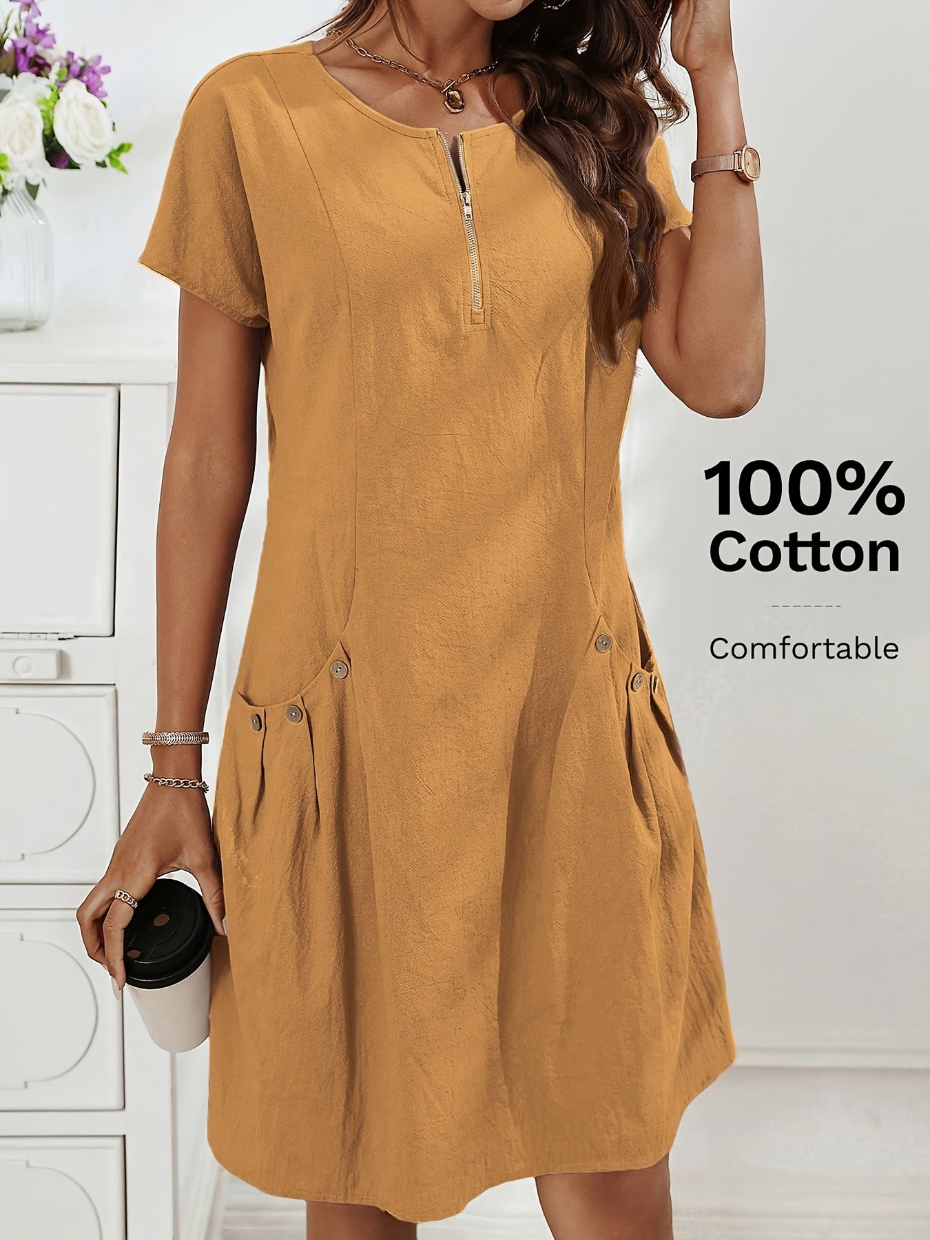 Women's Casual Midi Dress with Zipper and Pockets