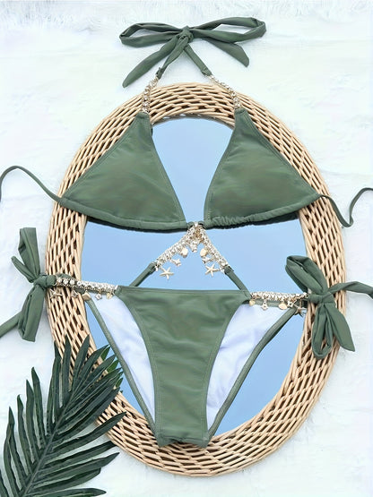 Elegant Rhinestone Bikini Set with Deep V Neck