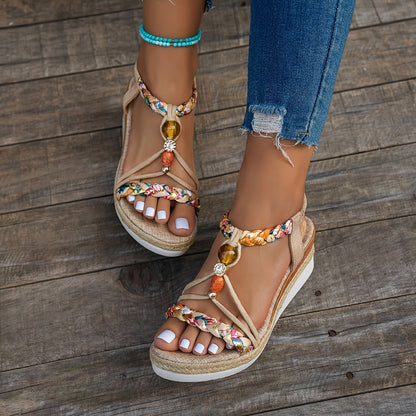 Boho Wedge Sandals with Hand-Woven Elastic Straps and Open Toe