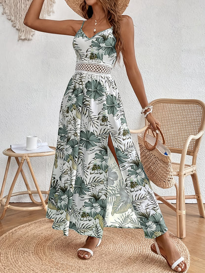 Elegant Floral Dress with Spaghetti Straps and Slit