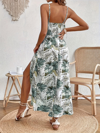 Elegant Floral Dress with Spaghetti Straps and Slit