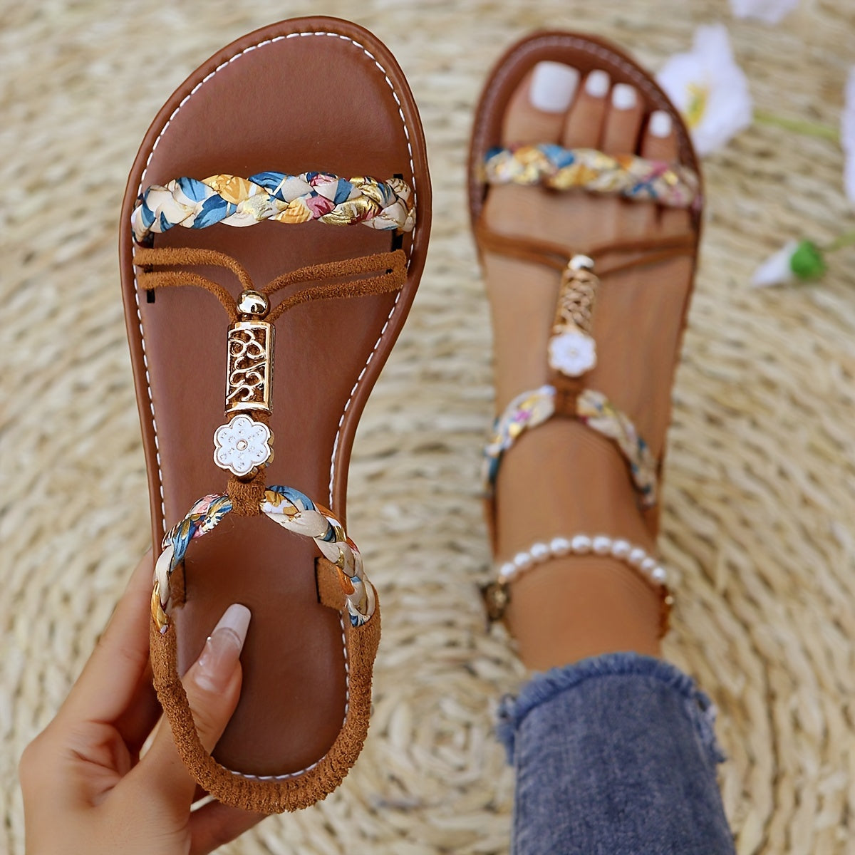 Women's Lightweight Braided Sandals with Elastic Strap and Non-Slip Sole