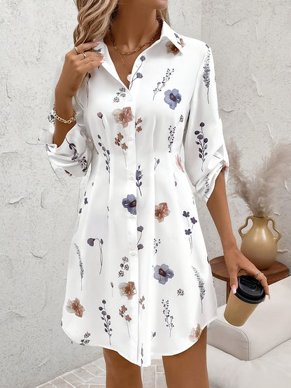 Elegant And Fresh Vacation-Style Floral Print Shirt Dress.