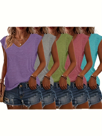 Bottom Board - 5 Solid Color V-Neck T-Shirts, Casual Short-Sleeved T-Shirts Spring And Summer, Women'S Clothing