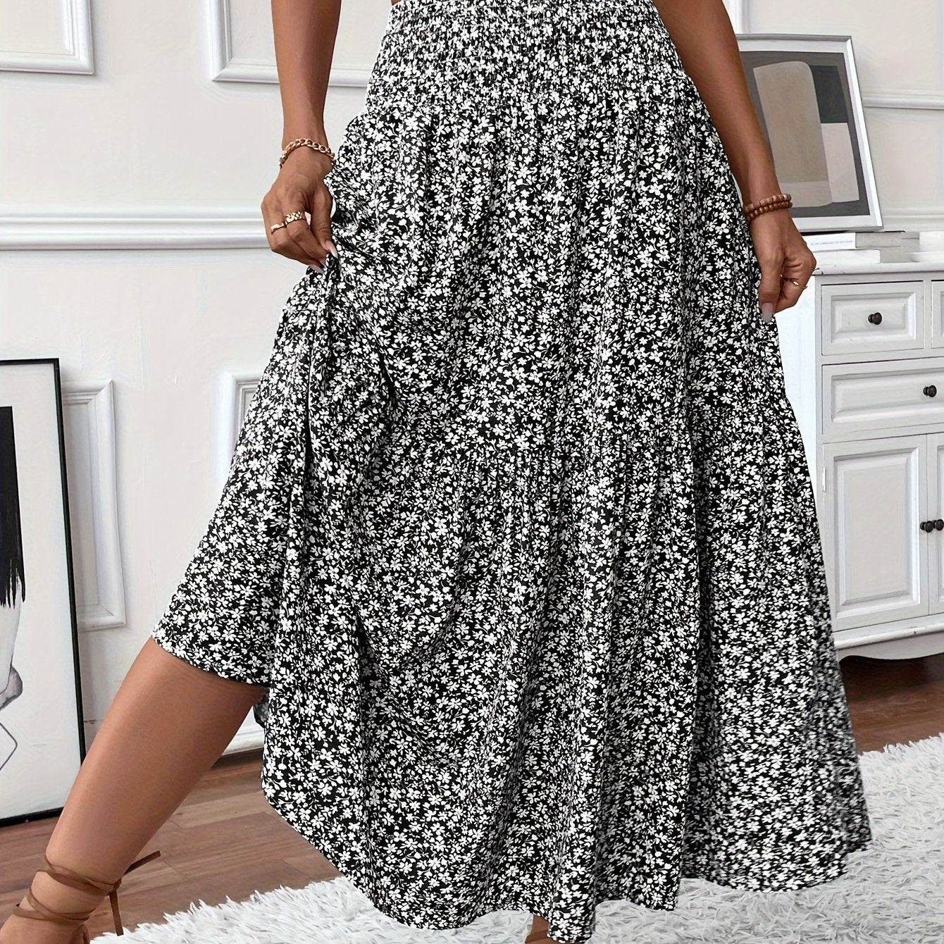 DP021742 Women's Casual Ditsy Floral Elastic Waist Pocket Skirt