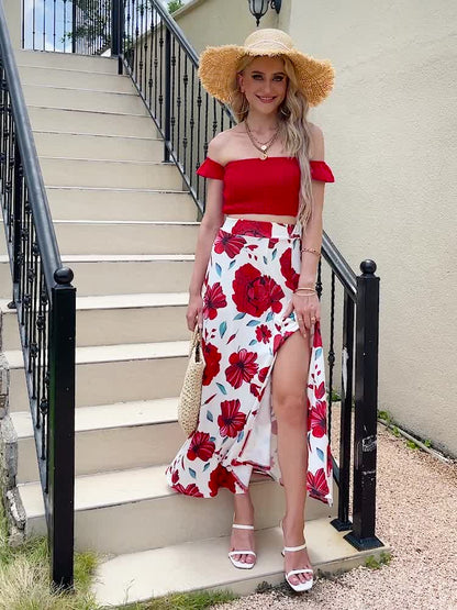 Bohemian Women's Tube Top and Midi Skirt Set