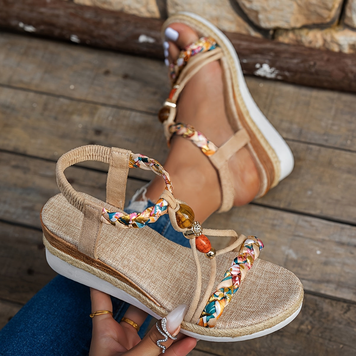Boho Wedge Sandals with Hand-Woven Elastic Straps and Open Toe