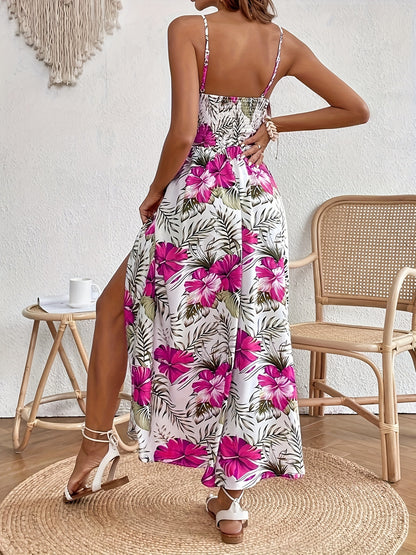 Elegant Floral Dress with Spaghetti Straps and Slit