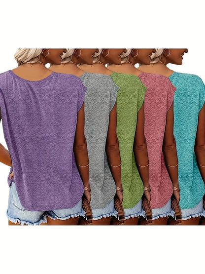 Bottom Board - 5 Solid Color V-Neck T-Shirts, Casual Short-Sleeved T-Shirts Spring And Summer, Women'S Clothing