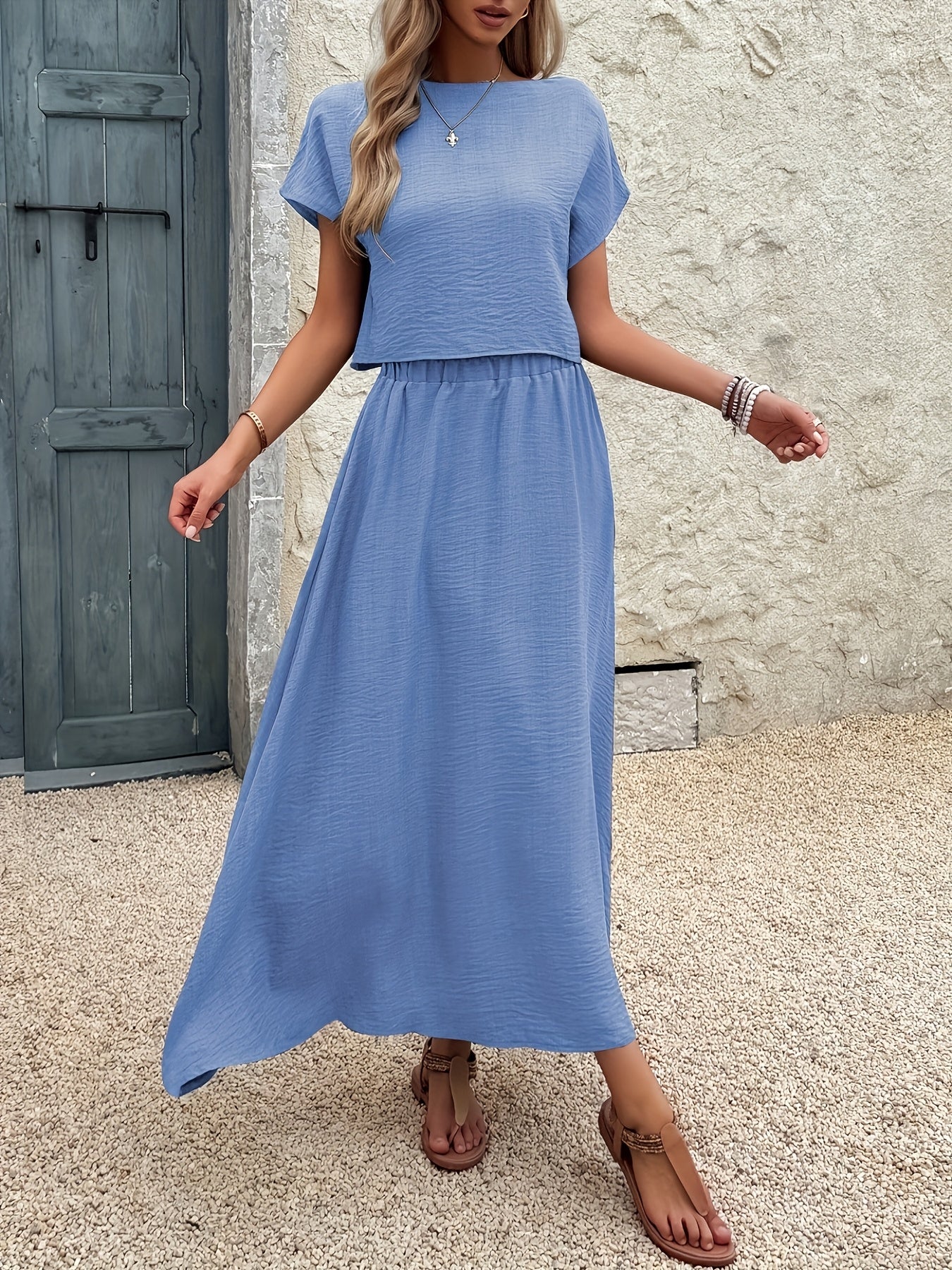 2-Piece Women's Solid Color Short Sleeve Top and Casual A-Line Skirt Set