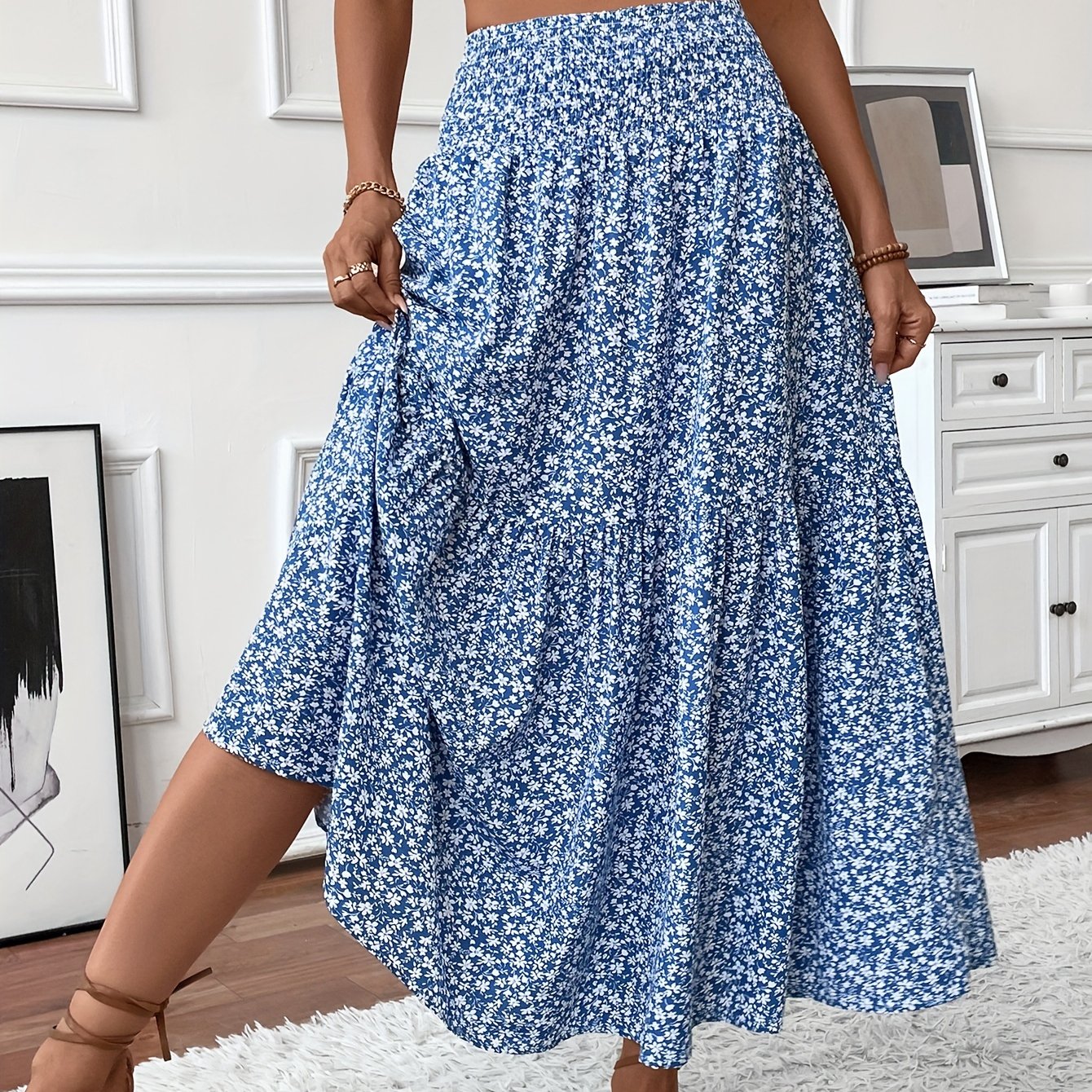 DP021742 Women's Casual Ditsy Floral Elastic Waist Pocket Skirt