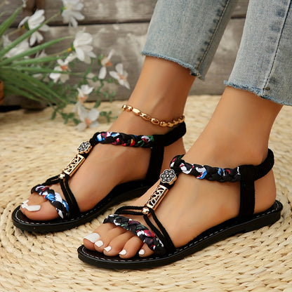 Women's Lightweight Braided Sandals with Elastic Strap and Non-Slip Sole