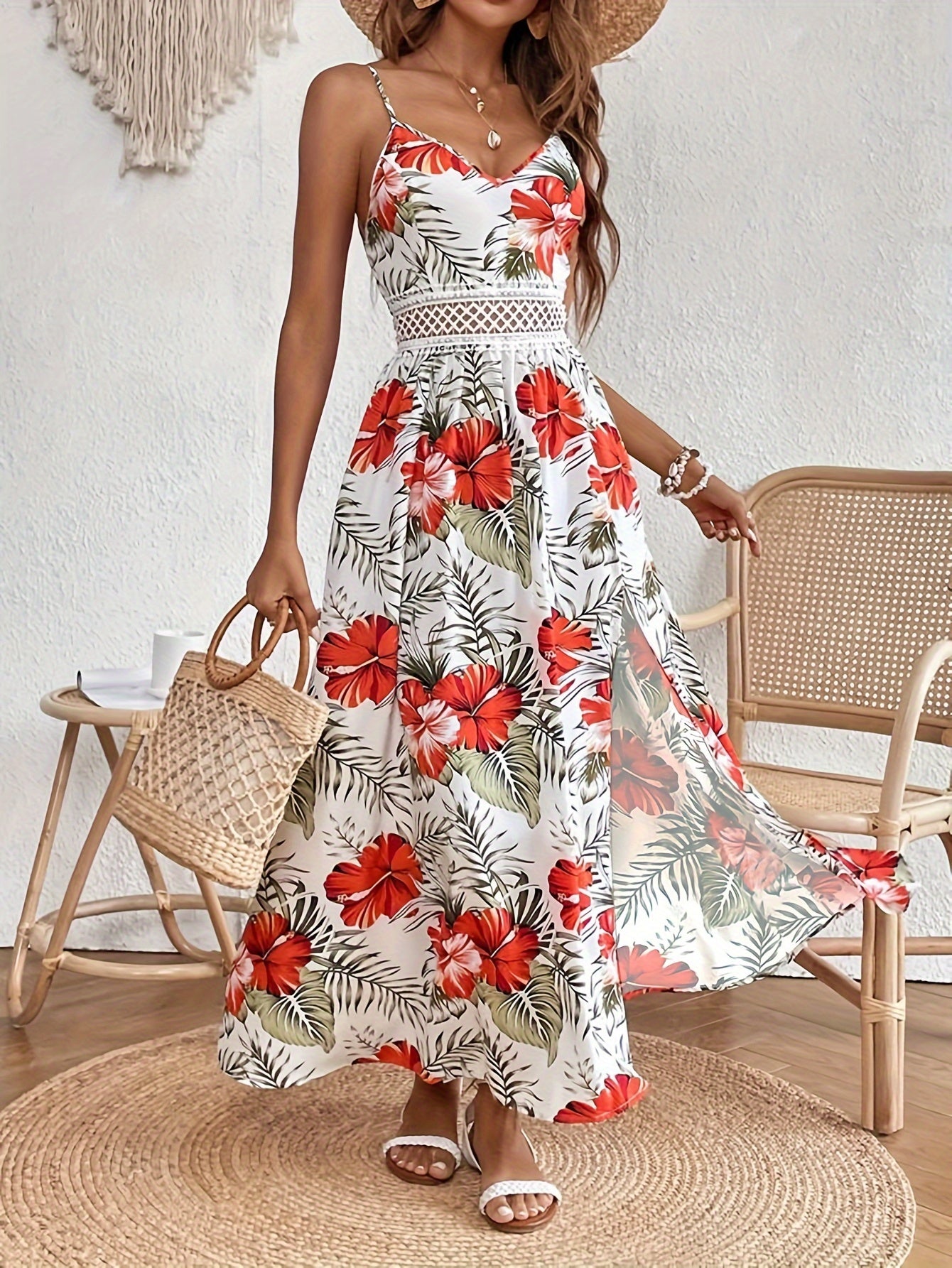 Elegant Floral Dress with Spaghetti Straps and Slit