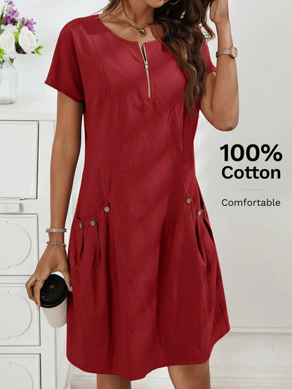 Women's Casual Midi Dress with Zipper and Pockets