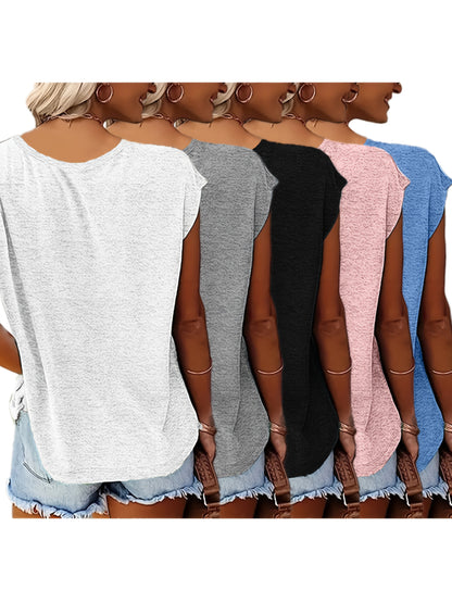 Bottom Board - 5 Solid Color V-Neck T-Shirts, Casual Short-Sleeved T-Shirts Spring And Summer, Women'S Clothing