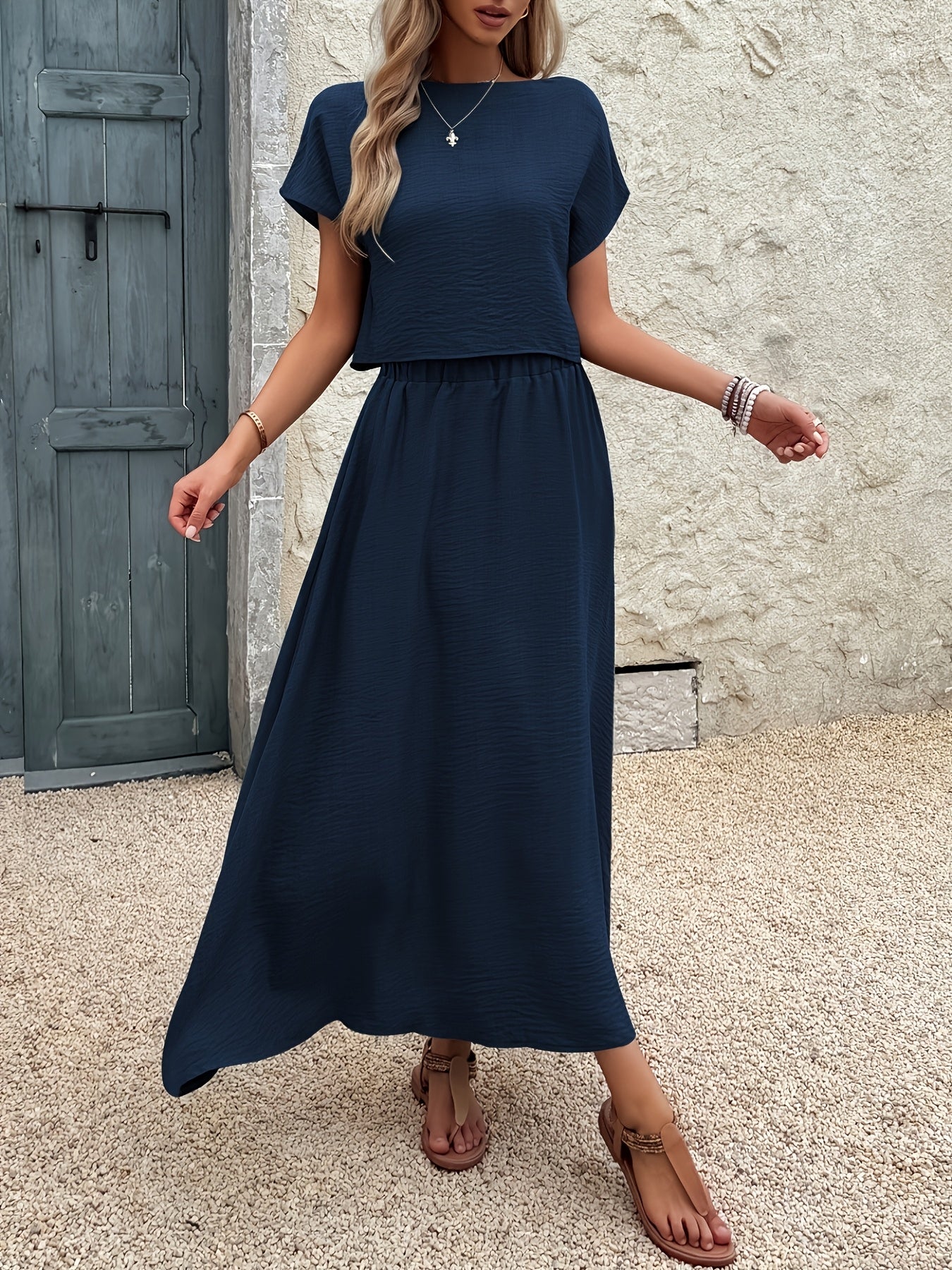 2-Piece Women's Solid Color Short Sleeve Top and Casual A-Line Skirt Set