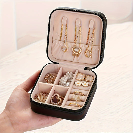 Luxurious Faux Leather Jewelry Organizer Box with Zipper and Multiple Compartments