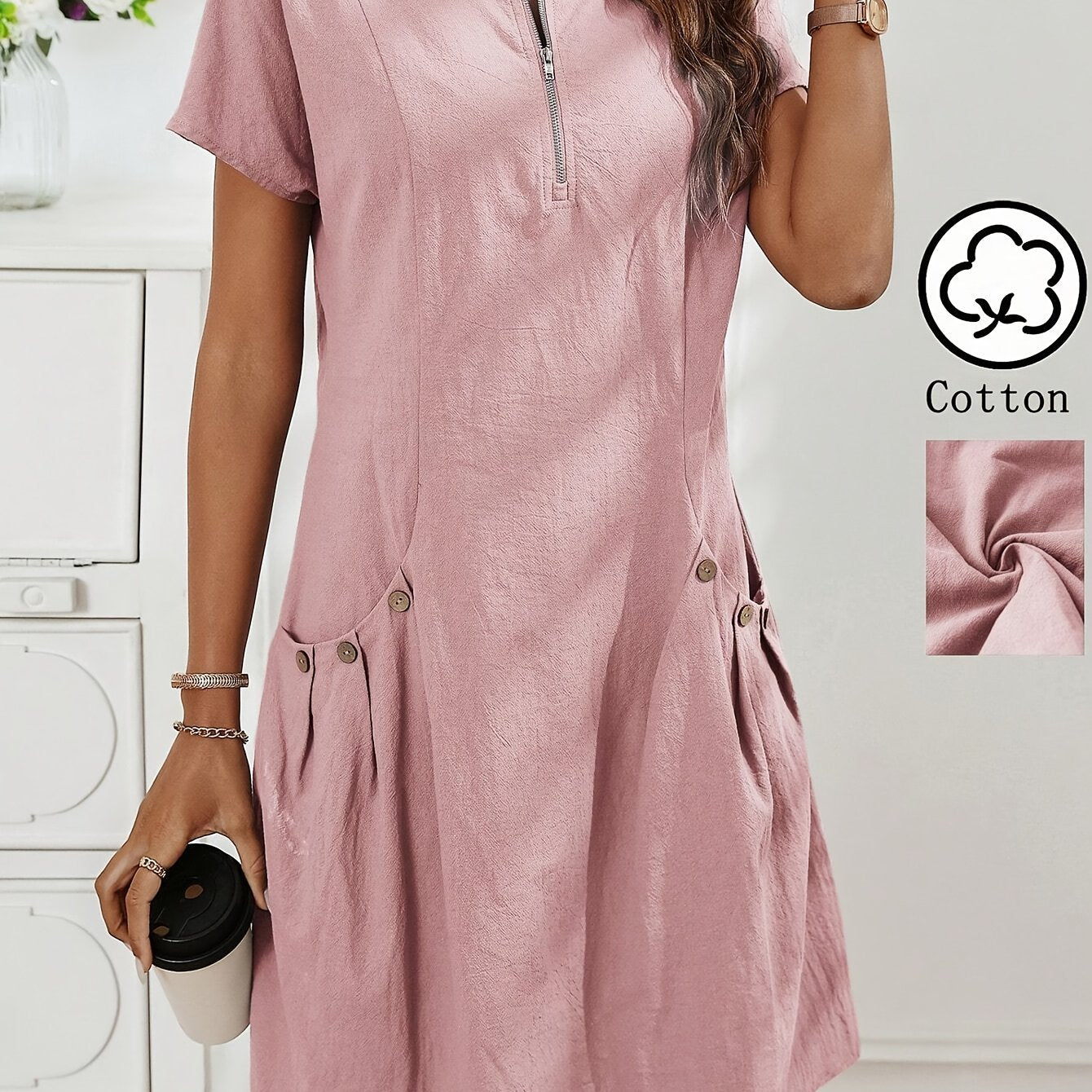 Women's Casual Midi Dress with Zipper and Pockets