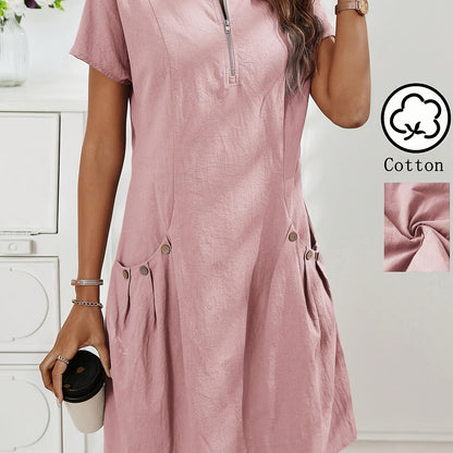 Women's Casual Midi Dress with Zipper and Pockets
