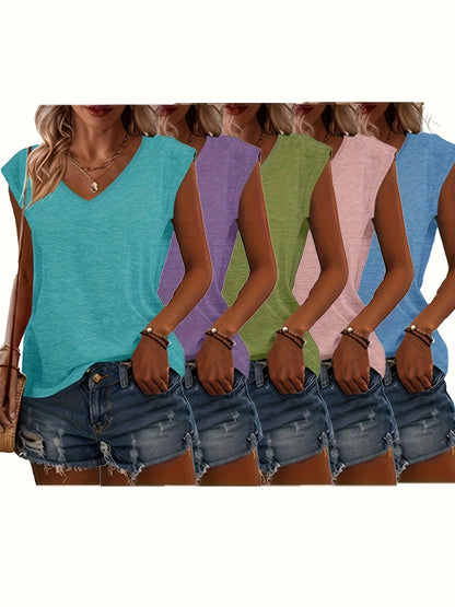 Bottom Board - 5 Solid Color V-Neck T-Shirts, Casual Short-Sleeved T-Shirts Spring And Summer, Women'S Clothing