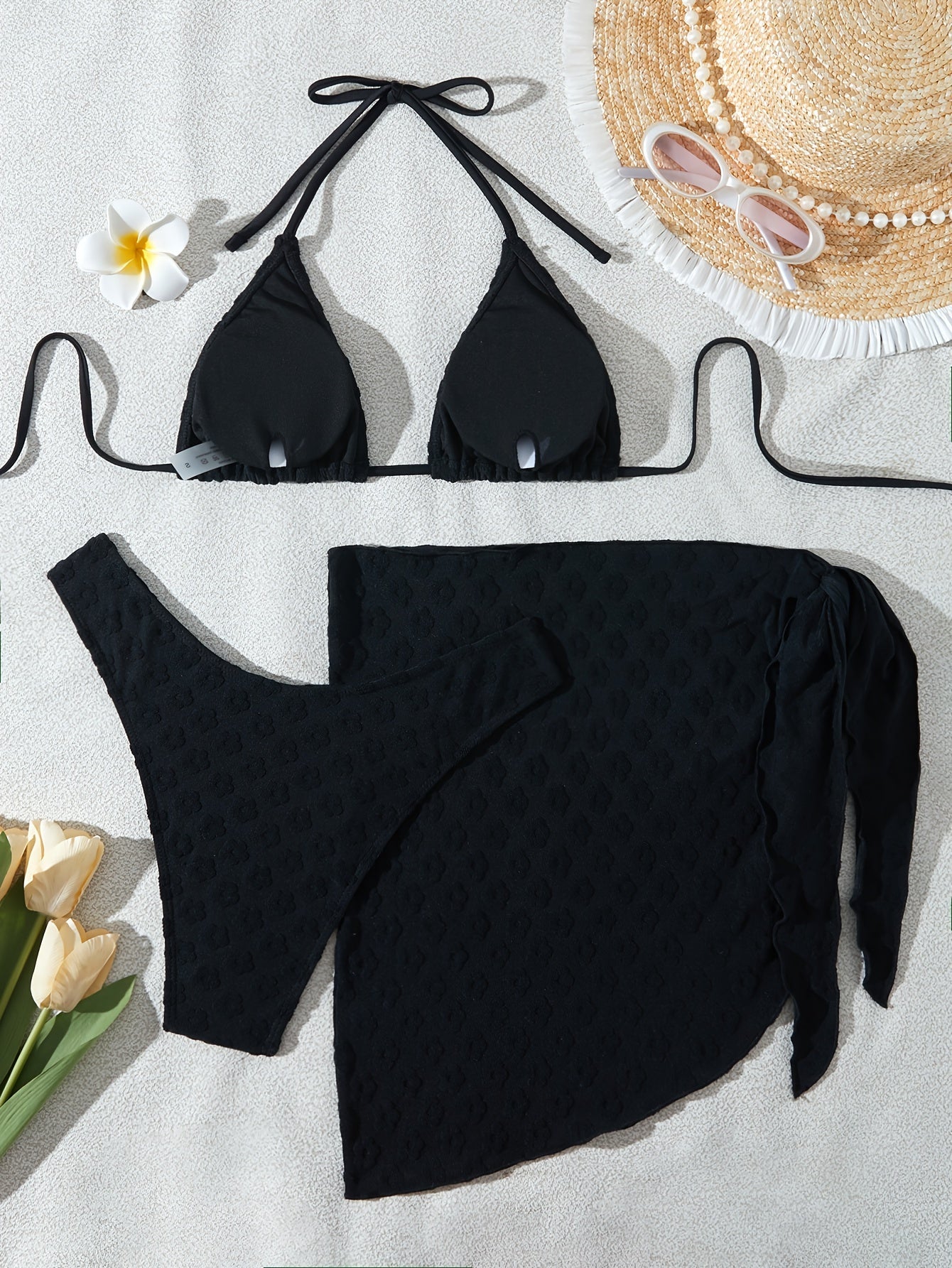 Women's Warm Color Floral Three-Piece Bikini Swimsuit