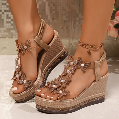 Elegant Women's Wedge Sandals with Butterfly and Pearl Details