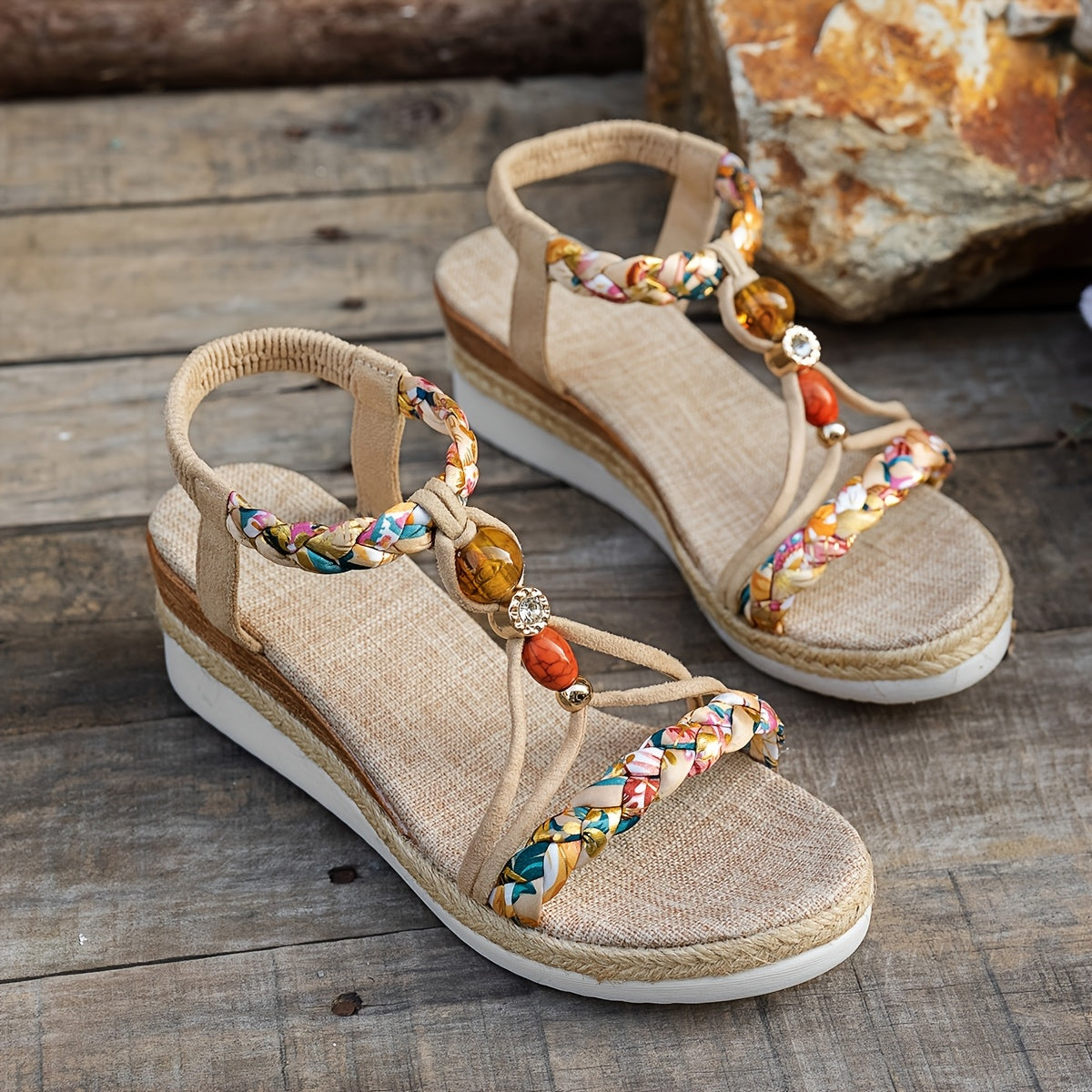 Boho Wedge Sandals with Hand-Woven Elastic Straps and Open Toe