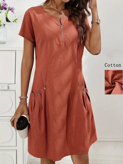 Women's Casual Midi Dress with Zipper and Pockets
