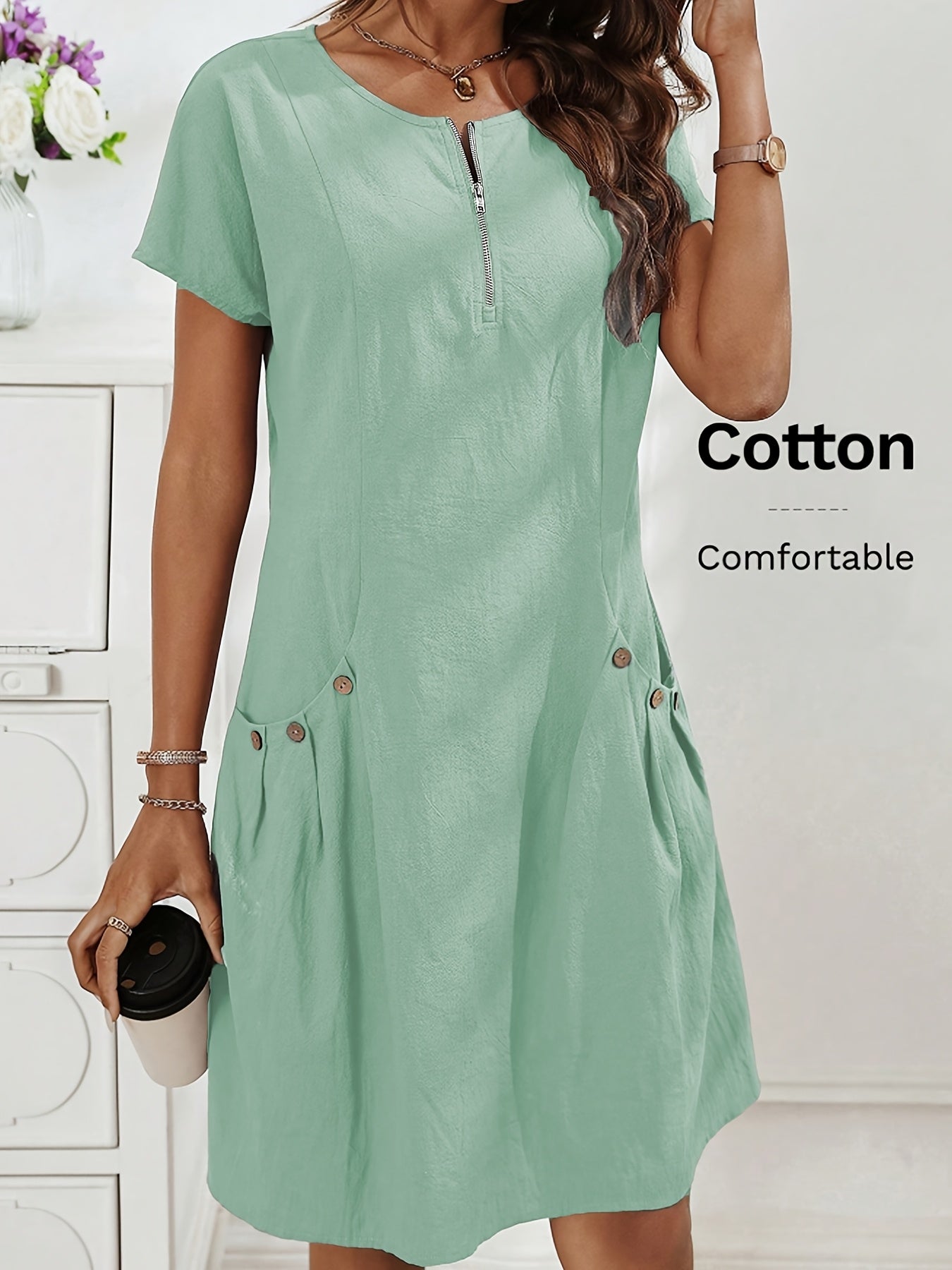 Women's Casual Midi Dress with Zipper and Pockets