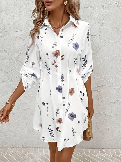 Elegant And Fresh Vacation-Style Floral Print Shirt Dress.