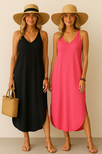 Women's Long Dress Set with V-Neck and Lace-Up Detail