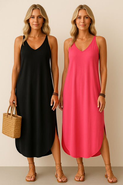 Women's Long Dress Set with V-Neck and Lace-Up Detail