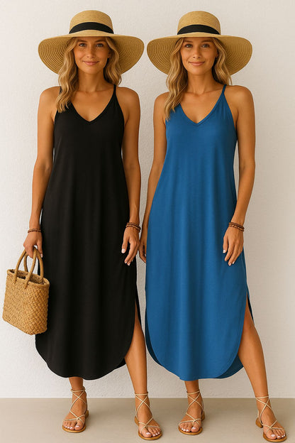 Women's Long Dress Set with V-Neck and Lace-Up Detail