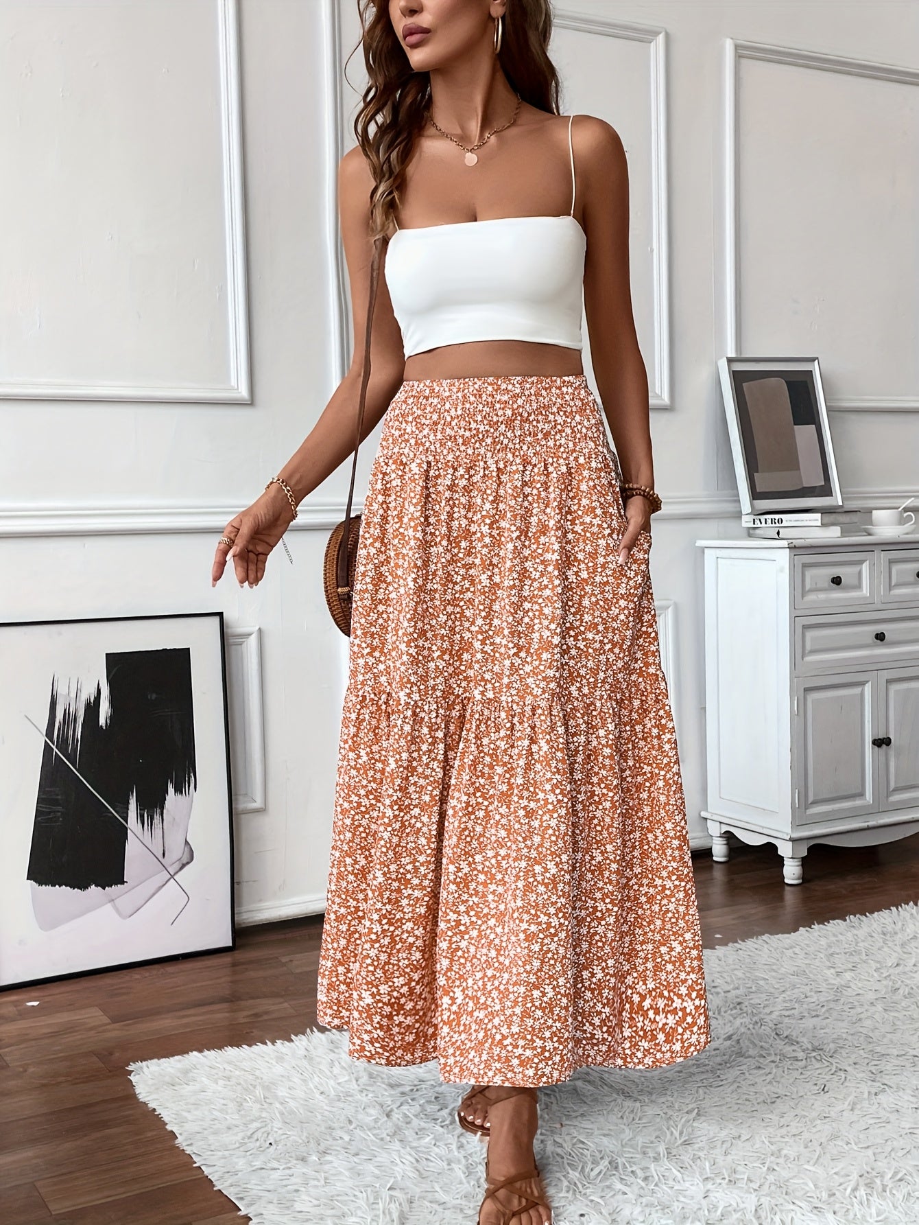 DP021742 Women's Casual Ditsy Floral Elastic Waist Pocket Skirt