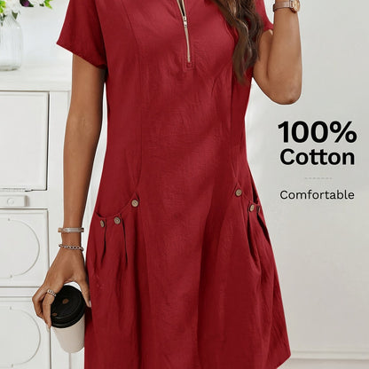 Women's Casual Midi Dress with Zipper and Pockets
