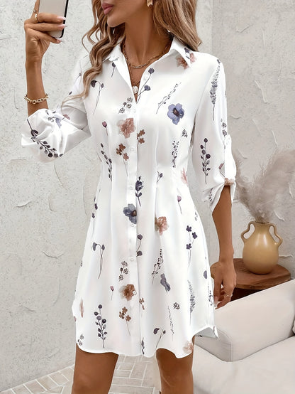 Elegant And Fresh Vacation-Style Floral Print Shirt Dress.
