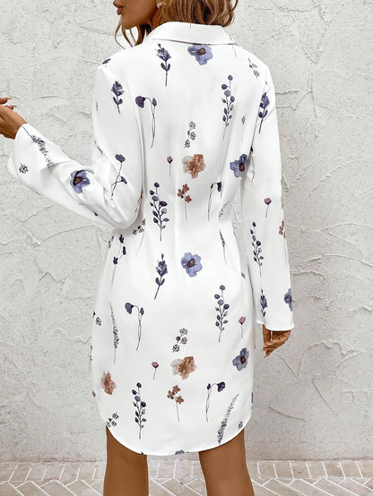 Elegant And Fresh Vacation-Style Floral Print Shirt Dress.