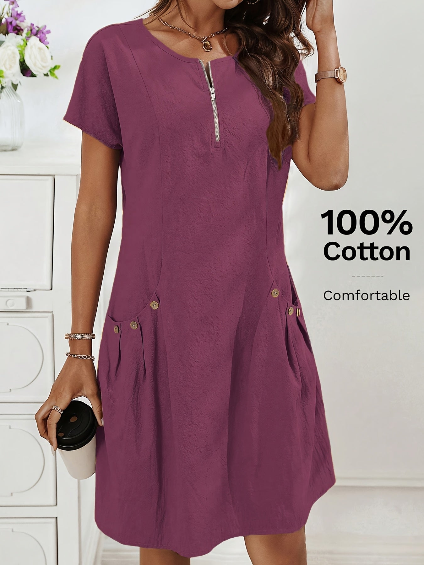 Women's Casual Midi Dress with Zipper and Pockets