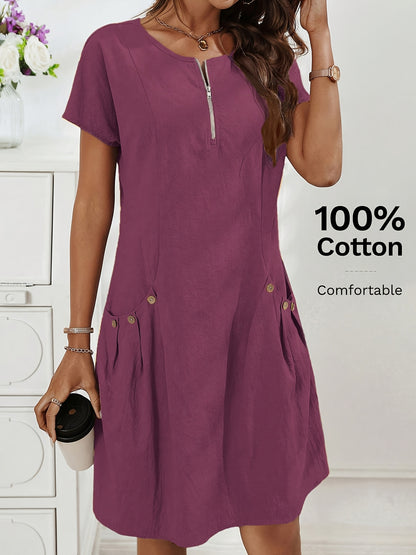 Women's Casual Midi Dress with Zipper and Pockets