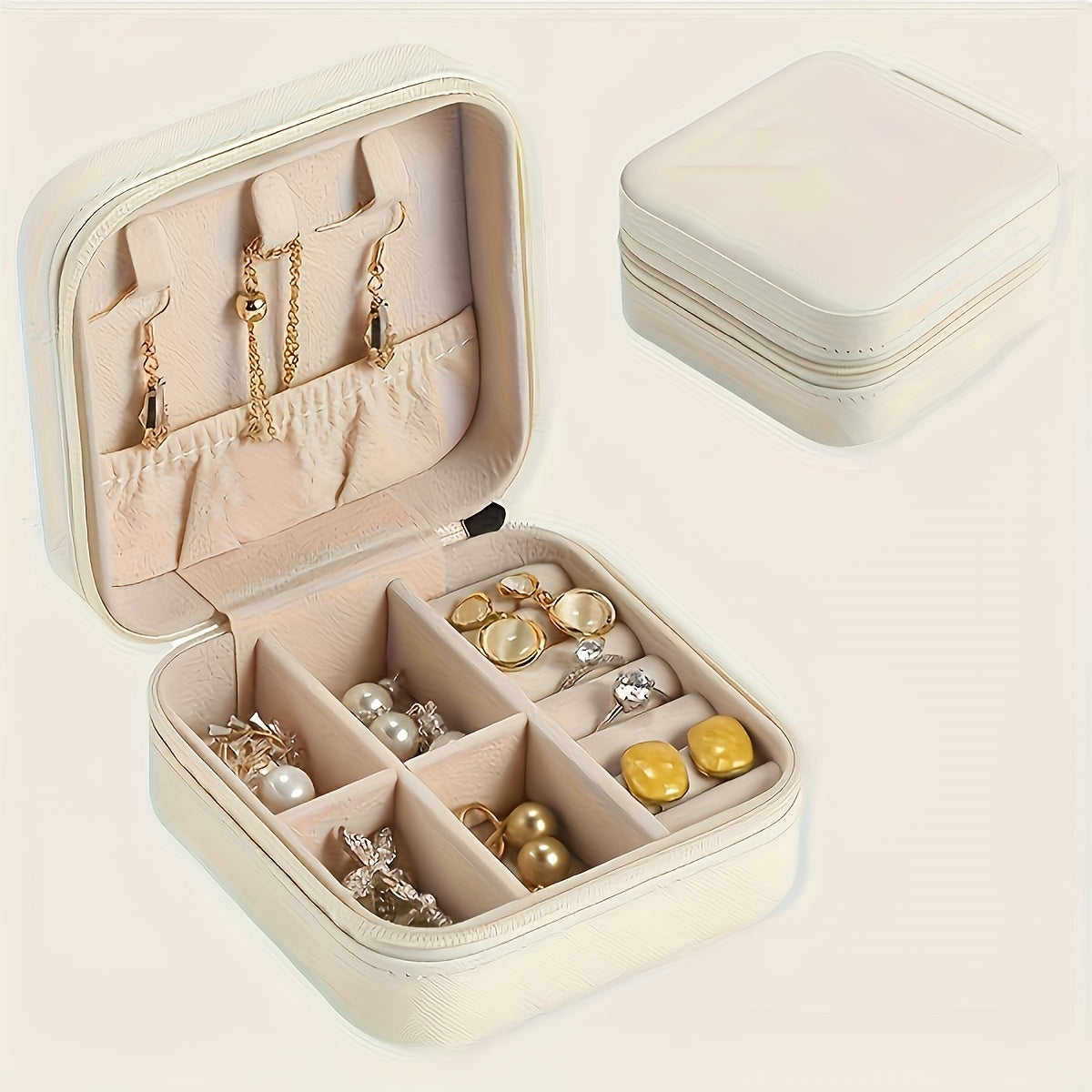 Luxurious Faux Leather Jewelry Organizer Box with Zipper and Multiple Compartments