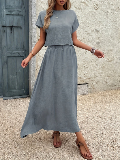 2-Piece Women's Solid Color Short Sleeve Top and Casual A-Line Skirt Set