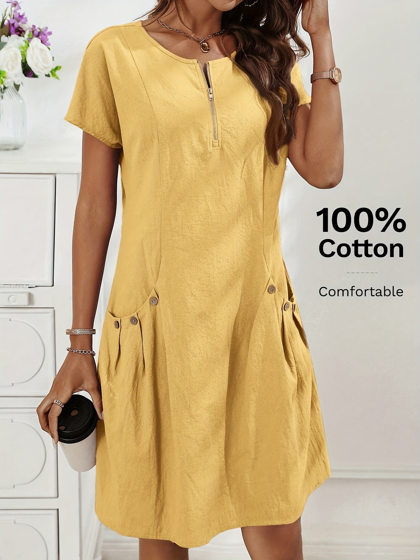 Women's Casual Midi Dress with Zipper and Pockets