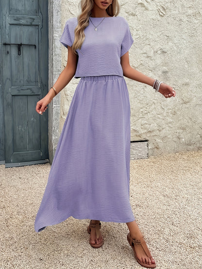 2-Piece Women's Solid Color Short Sleeve Top and Casual A-Line Skirt Set