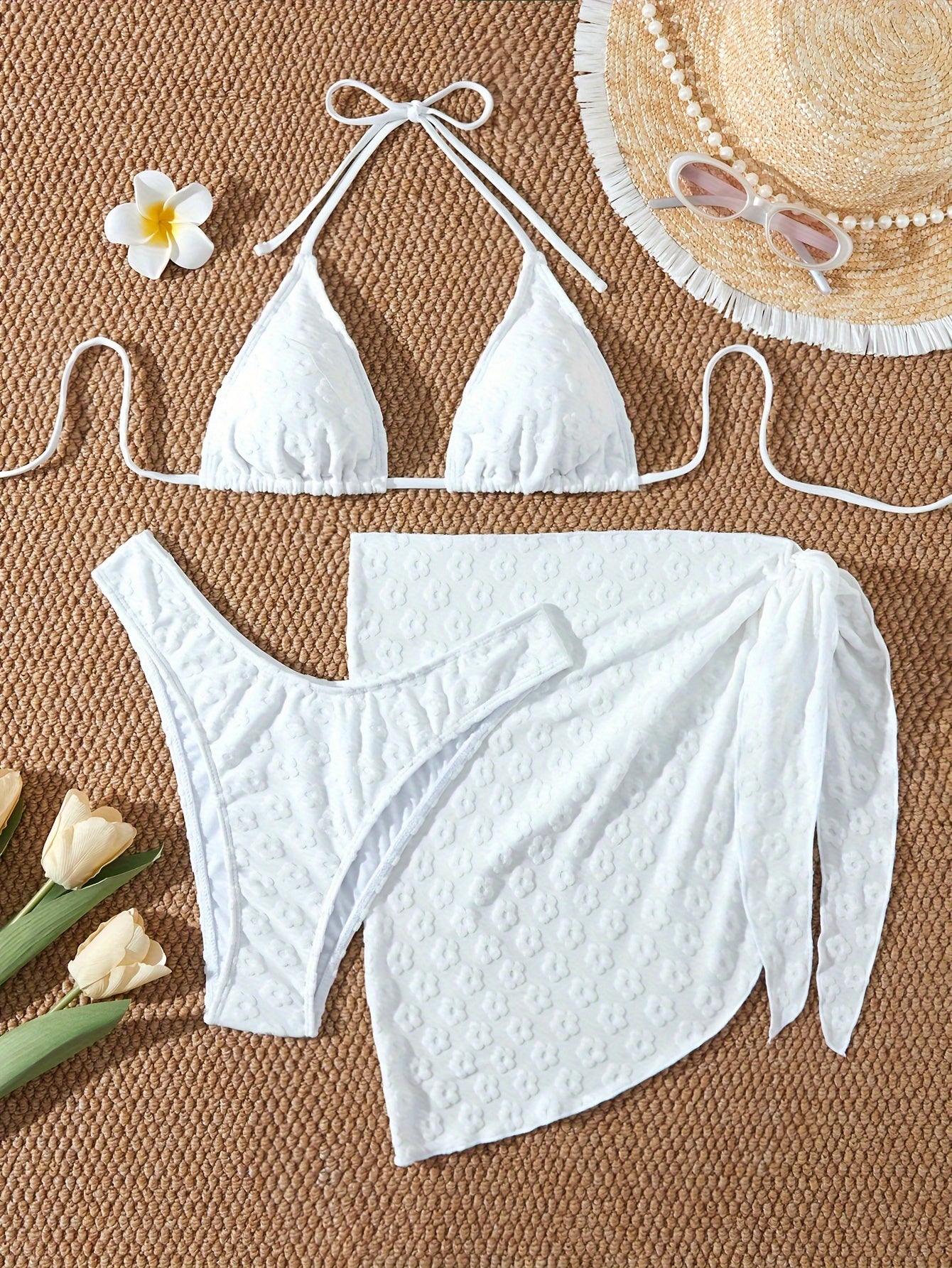 Women's Warm Color Floral Three-Piece Bikini Swimsuit