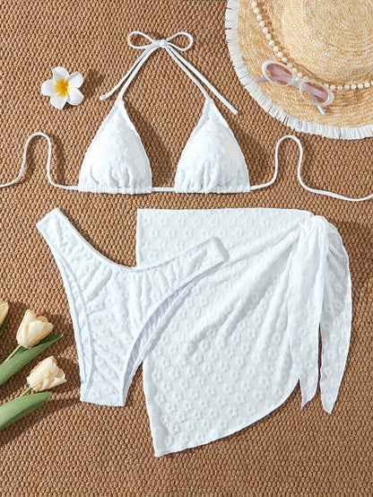 Women's Warm Color Floral Three-Piece Bikini Swimsuit