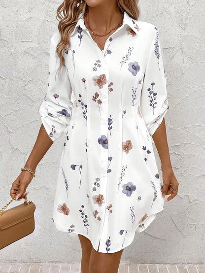 Elegant And Fresh Vacation-Style Floral Print Shirt Dress.
